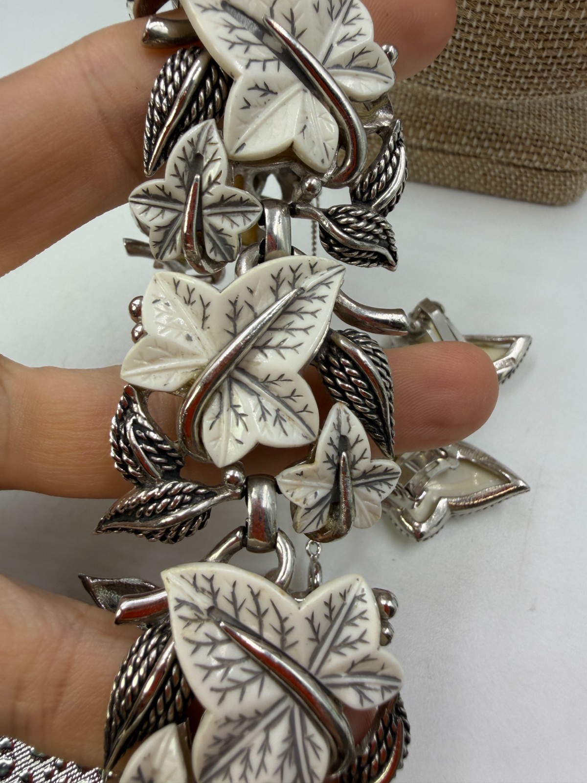 Vintage Boucher Necklace Bracelet Earrings Set White Leaf Silvertone Lot LX