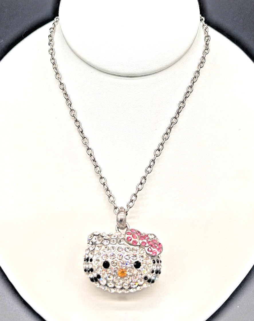 Kitty Cat Pendant Pink Clear Crystal Iced Out Bling Pave Necklace Silver Tone