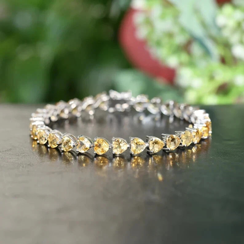 10Ct Heart Cut Simulated Citrine Wedding Tennis Bracelet 14K White Gold Plated