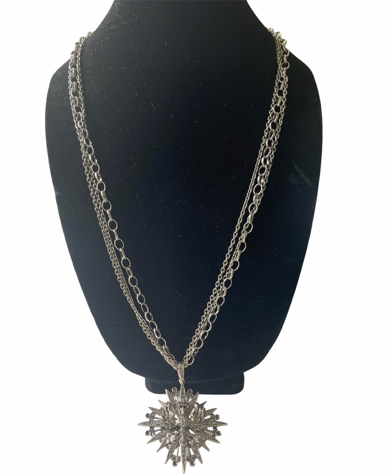 ART Vintage Silvertone Necklace Heraldic Eagle & Crown Pendant 3 Strand Chain