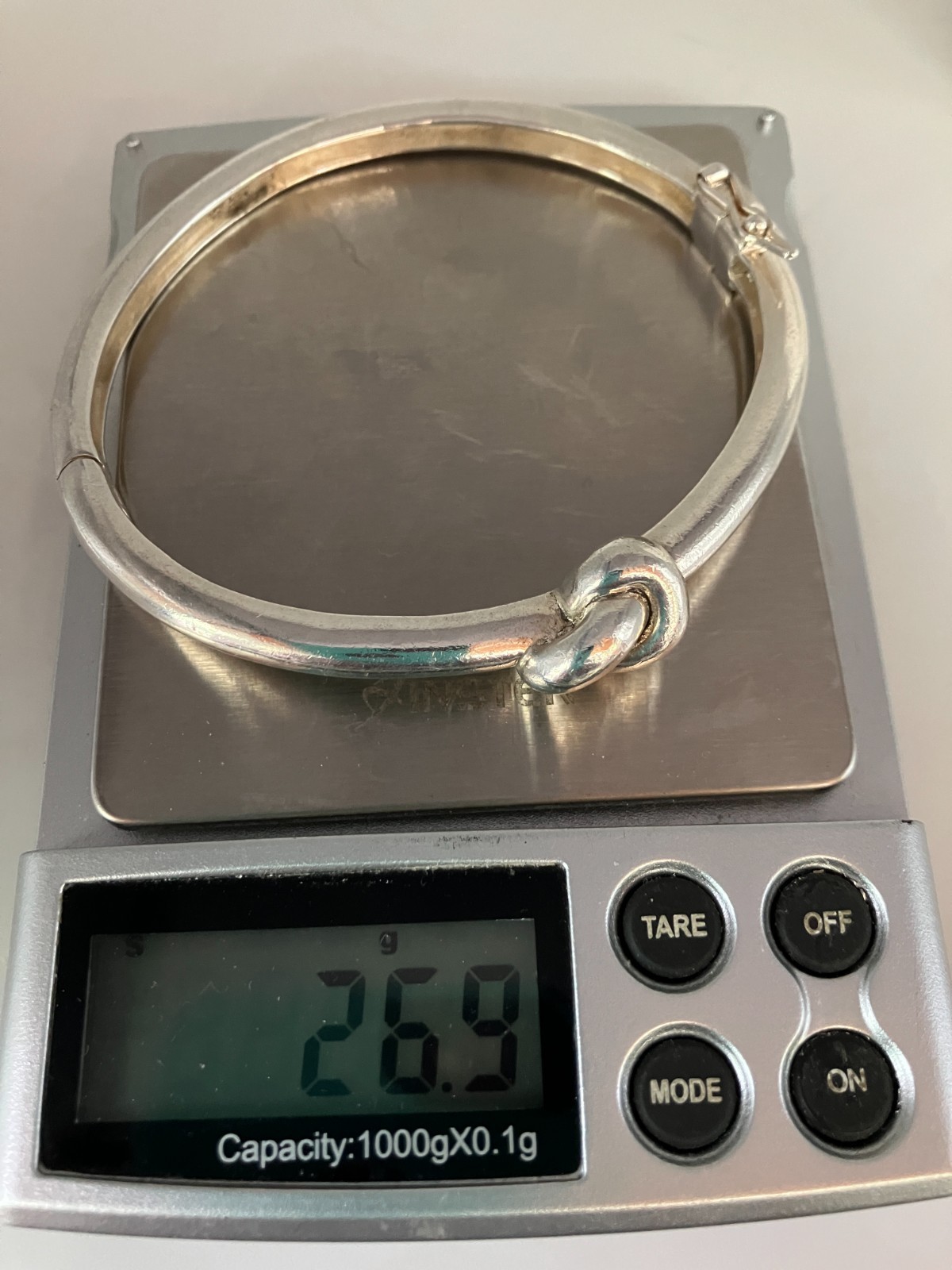Sterling Silver Heavy Love Knot Hinged Bangle with Magnetic Closure Safety Latch