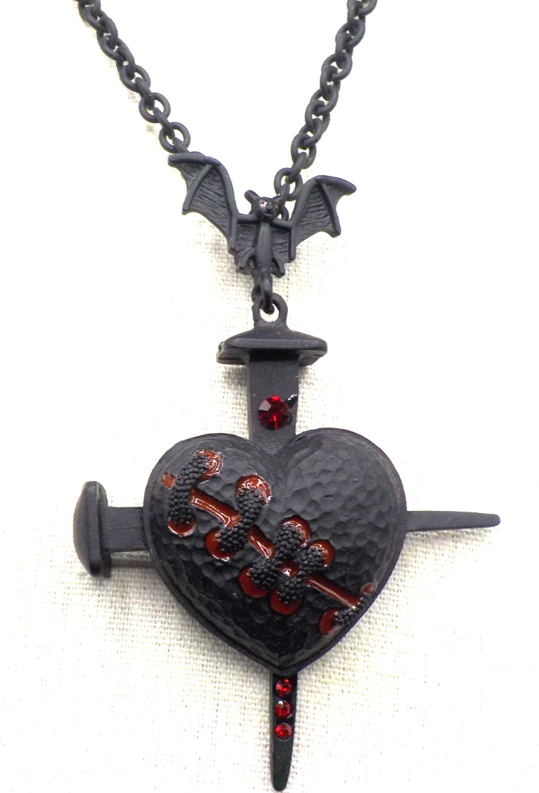 Alchemy Gothic Goth Pendant Black Heart Bat Two nails Red rhinestones Necklace