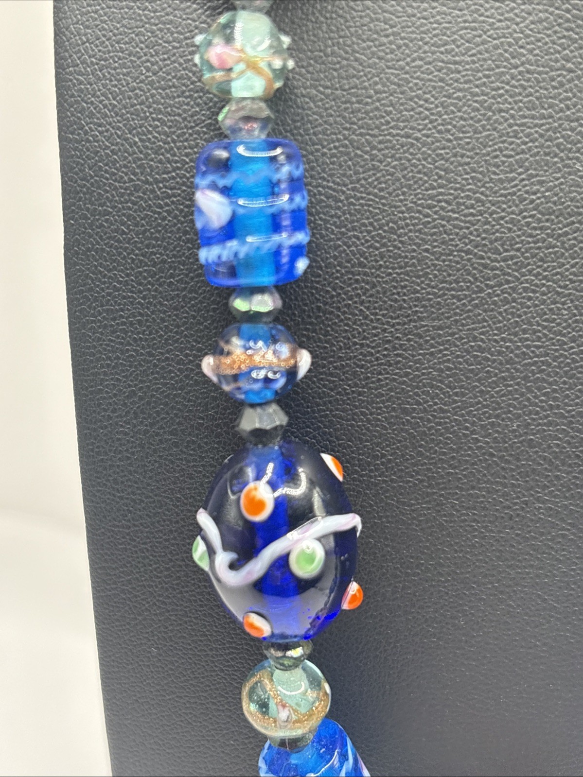 Vintage Artisan Lampwork Glass Beaded Necklace Cobalt Blue Turquoise Copper Tone