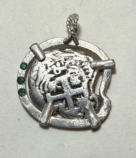 Authentic Spanish-Colonial 2-Reales Silver Shipwreck Cob Coin in Emerald Bezel