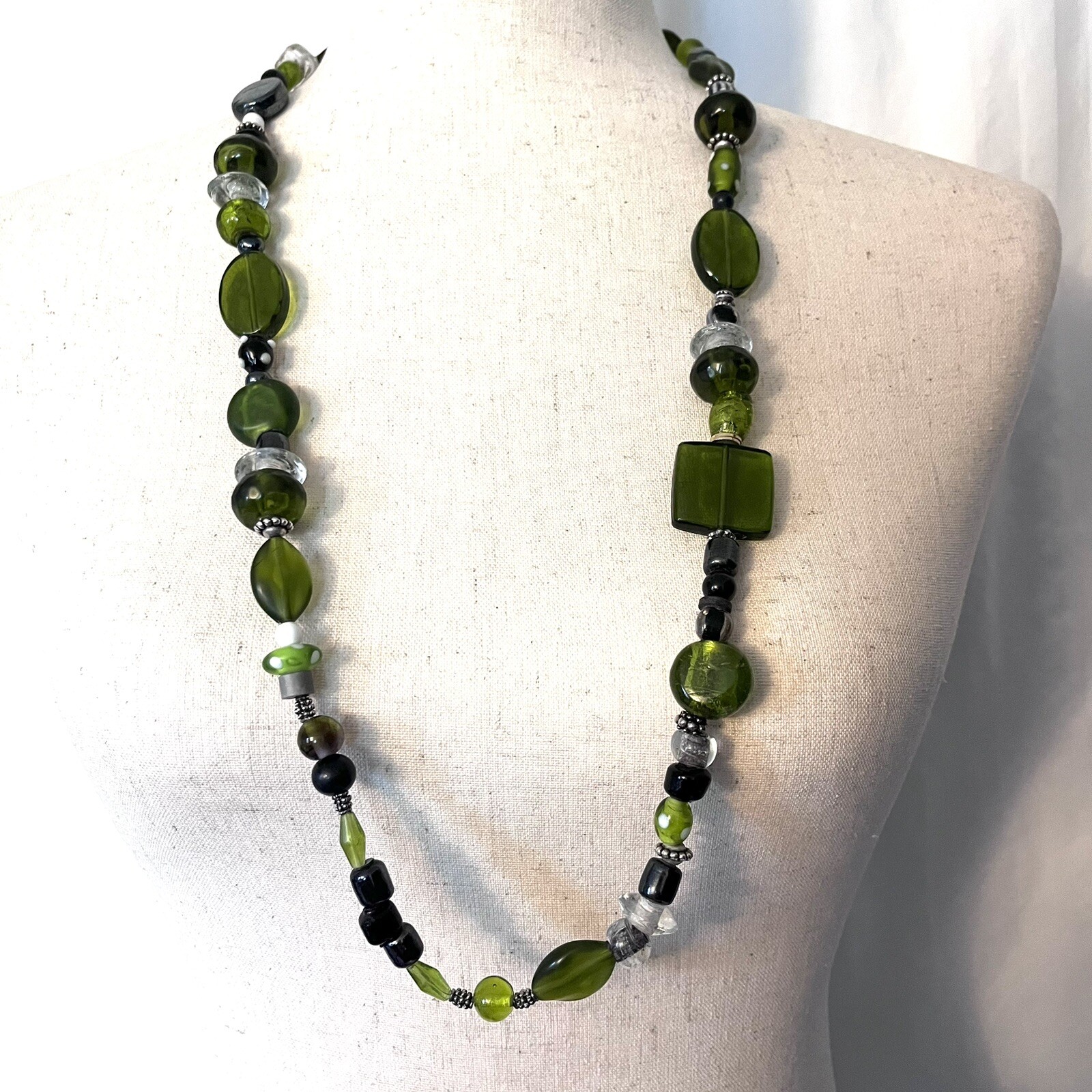 Vintage Glass Bead Chunky Necklace Green Black Stone 36” Silver Clasp Marked 925