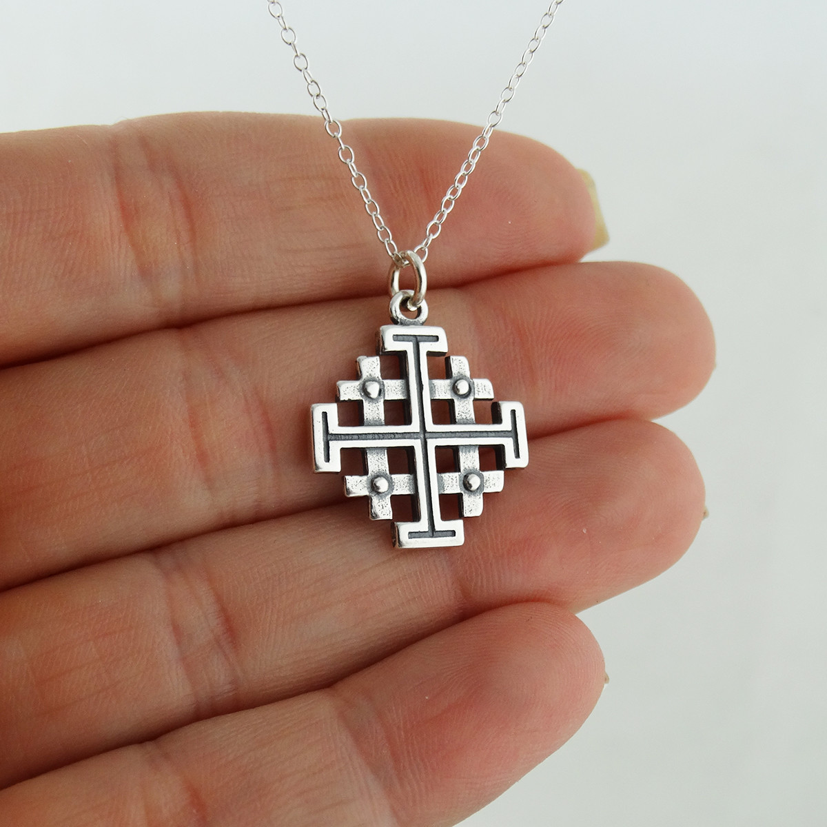 Jerusalem Cross Necklace – 925 Sterling Silver – Five-fold Pendant Symbol Potent