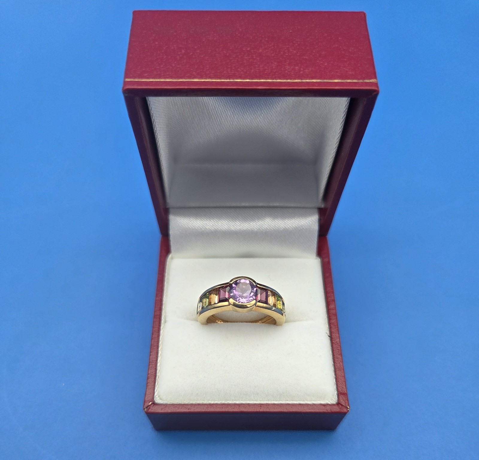 Vintage 18k YG Amethyst and Multi-Gemstone Cocktail Ring, Size 5.75 (5.09 Gram}