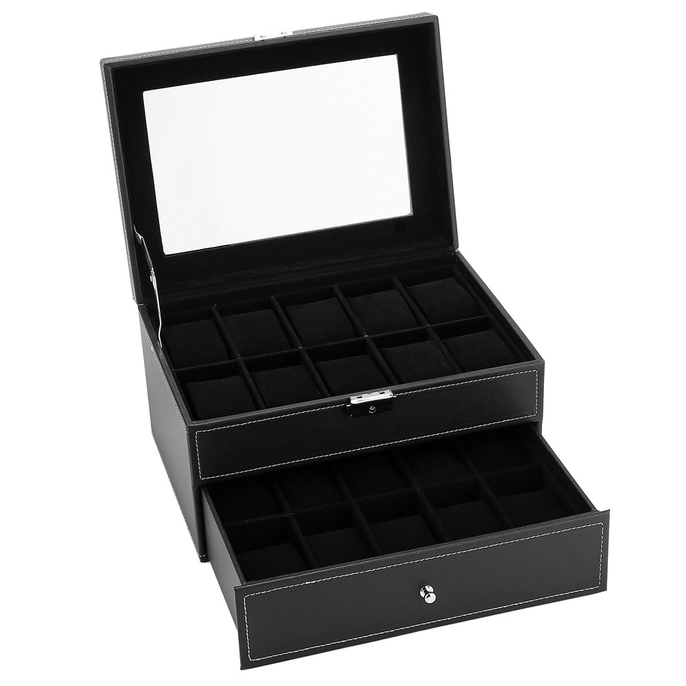 20 Compartments Watch Collection Storage Box Glass Top Display, Lockable, Black~