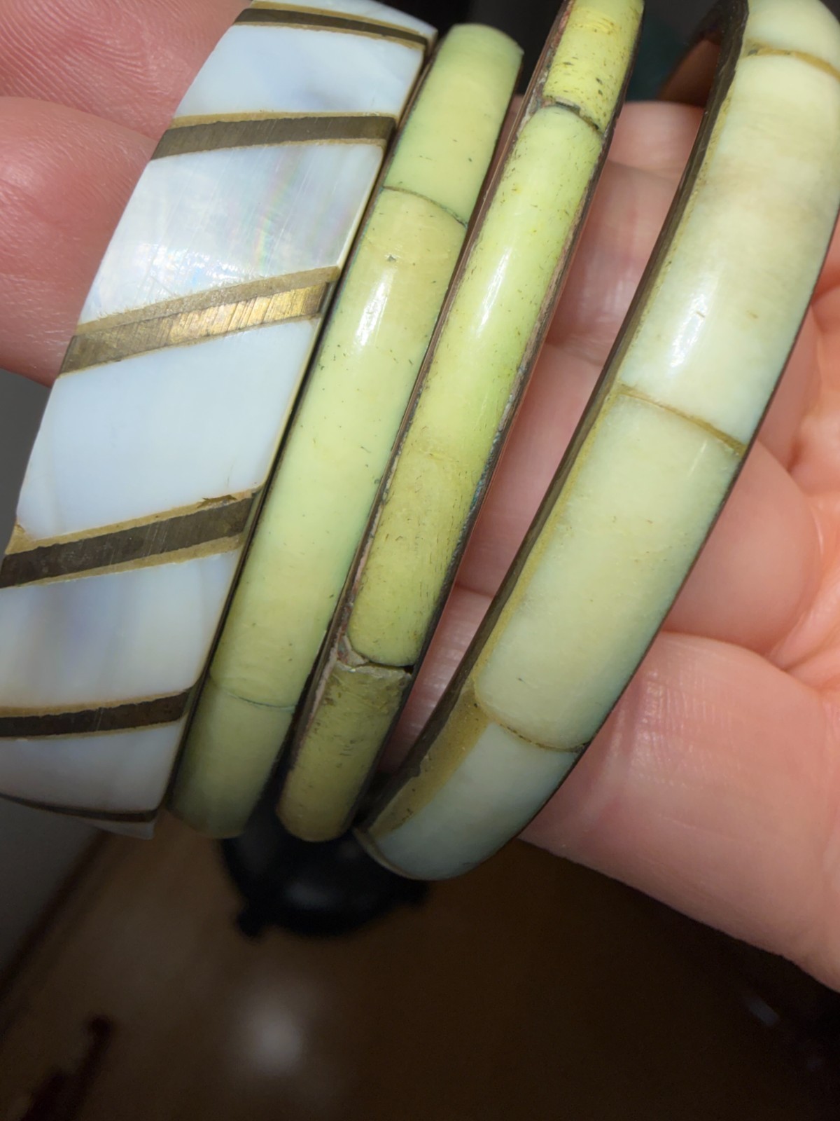 Vintage 1970s Brass Bangle Stack Mother of Pearl Dyed Bovine Inlay Boho Green