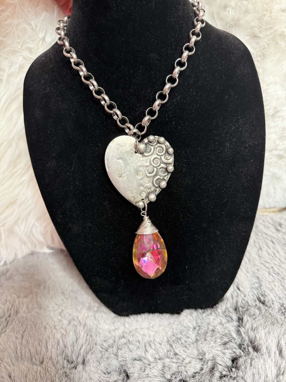 Stunning OOAK Art by Amy Heart Charm Pendant Necklace Pink Crystal Rolo Chain