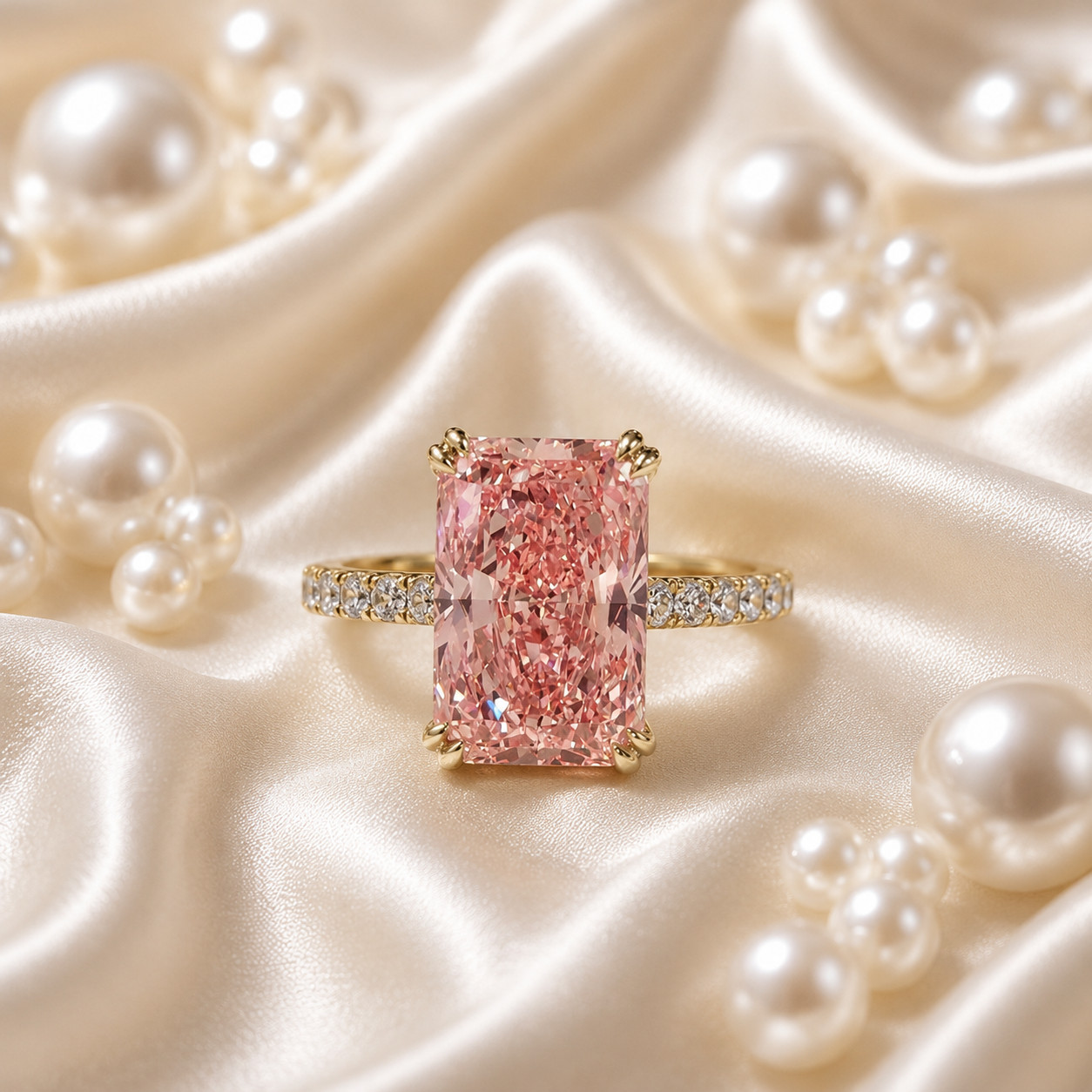 IGI Lab Grown Fancy Vivid Pink Diamond Ring 4.25 Ct Radiant Cut 14k Yellow Gold