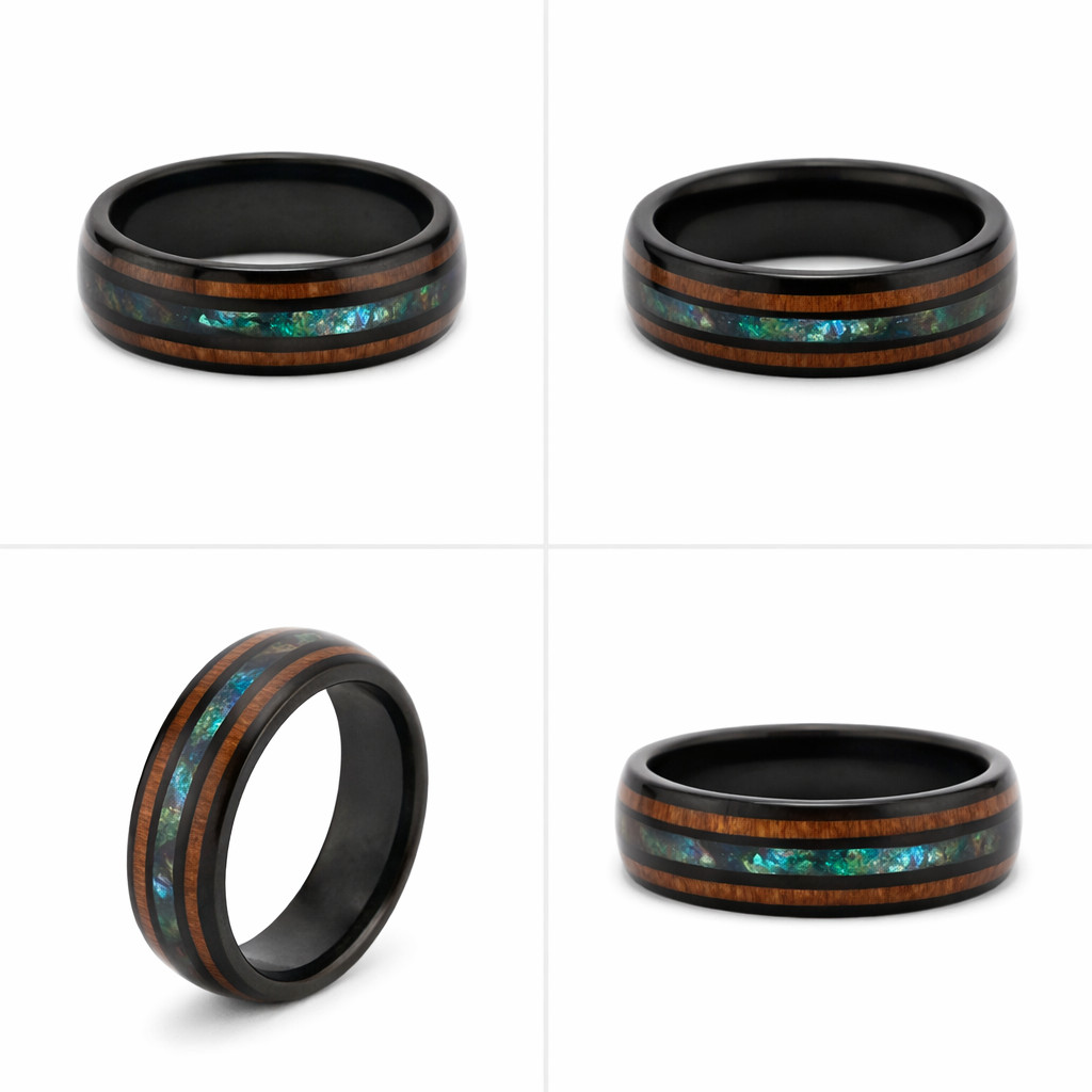 Black Stainless Steel Wedding Ring with Wood Grain & Iridescent Inlay
