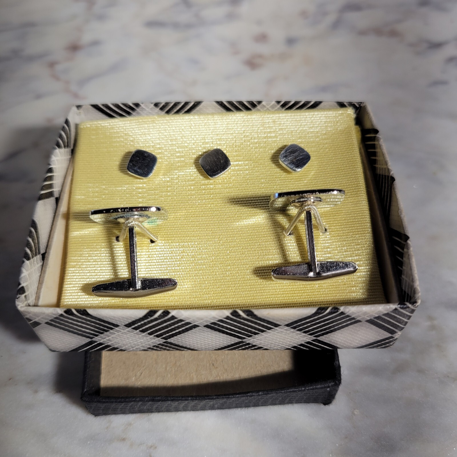 Vintage Silvertone Shiny Brush Matte Square Minimalist Cufflinks And Buttons