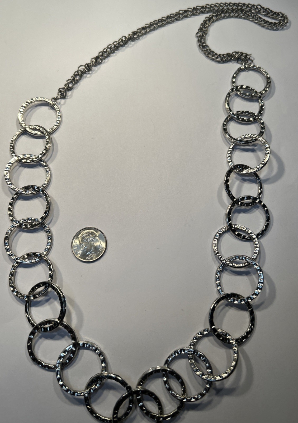 Women’s Silver Hoop Chains Necklace 28” Loops Circles Overhead No Clasp Wear NEW