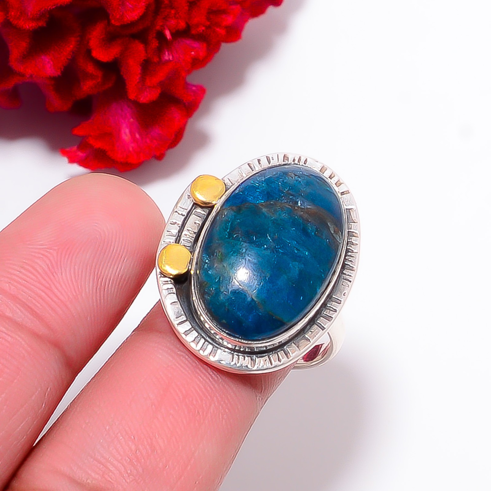 Neon Blue Apatite – Bahia Mines Two Tone 925 Sterling Silver Ring S.9 R9821