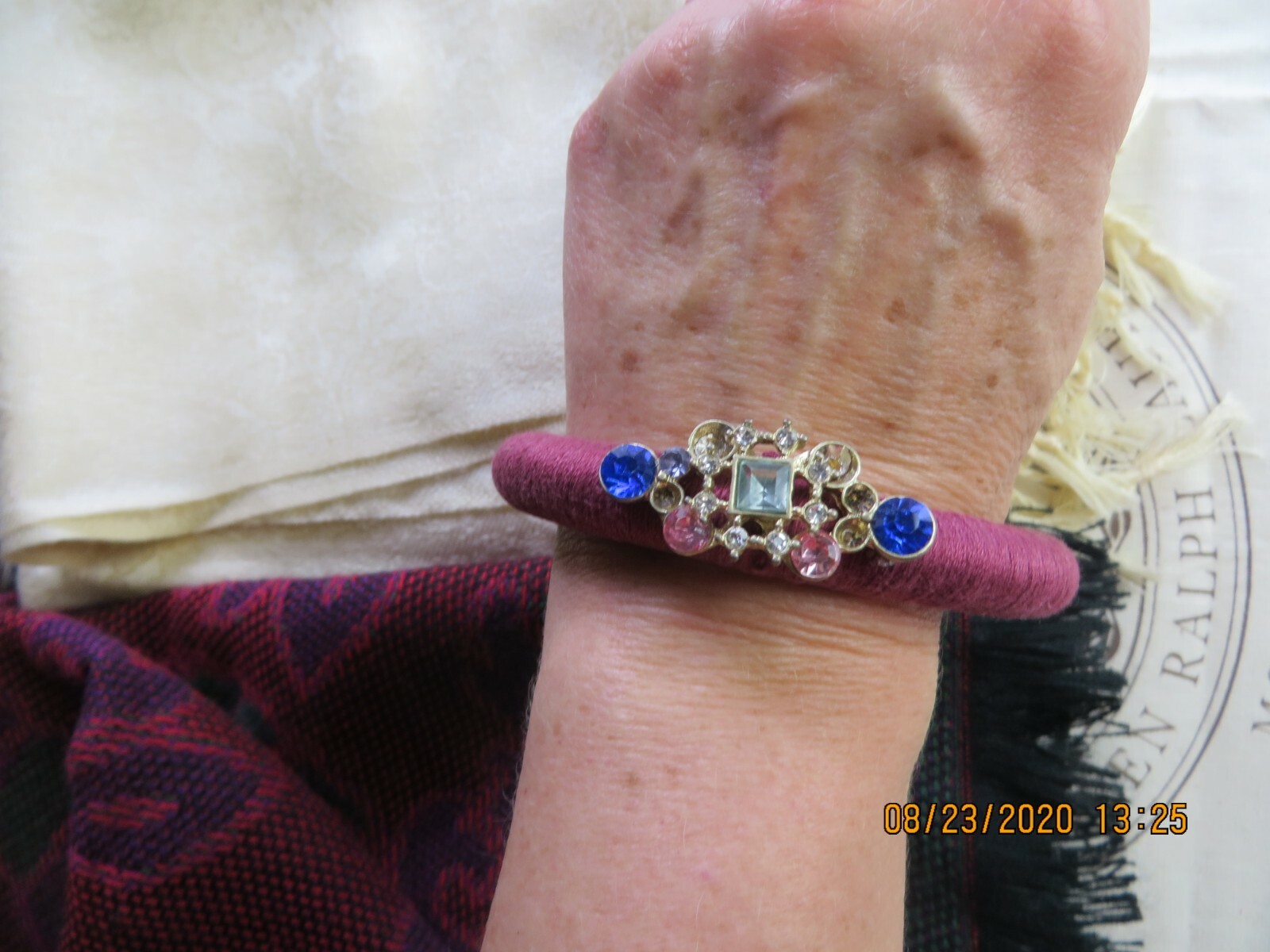 MACYS Fashion Silk Thread Wrapped Bangle Bracelet Crimson-Rose Red Beaded Center