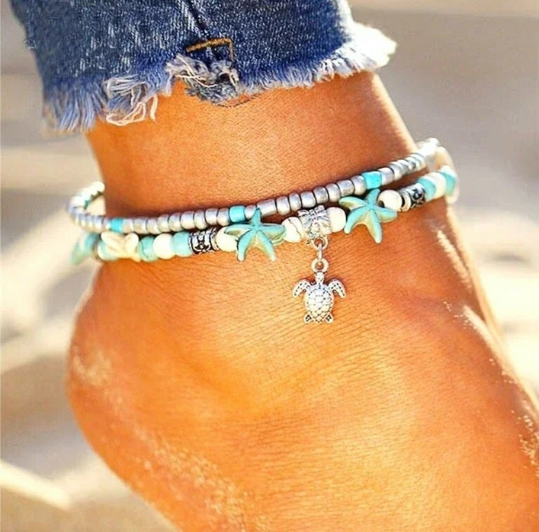 SEA SHELLS AND TURTLE SILVER ANKLET, TWO LAYERS, BRACELET LENGTH 24CM