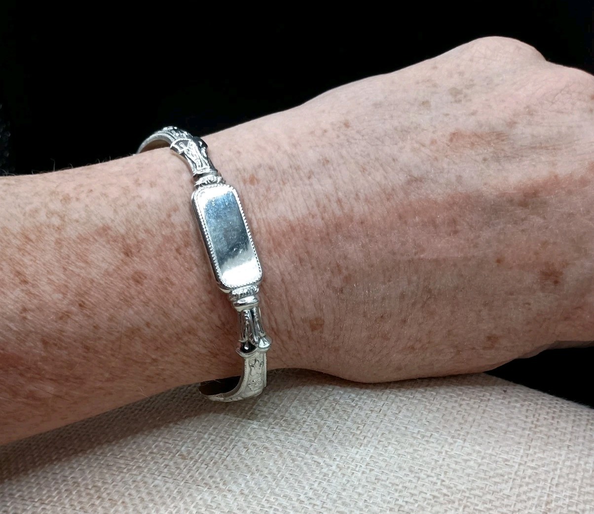 Vintage Spoon Cuff Bracelet ID Engravable Silver Tone Floral Size 5-7 Adjusts