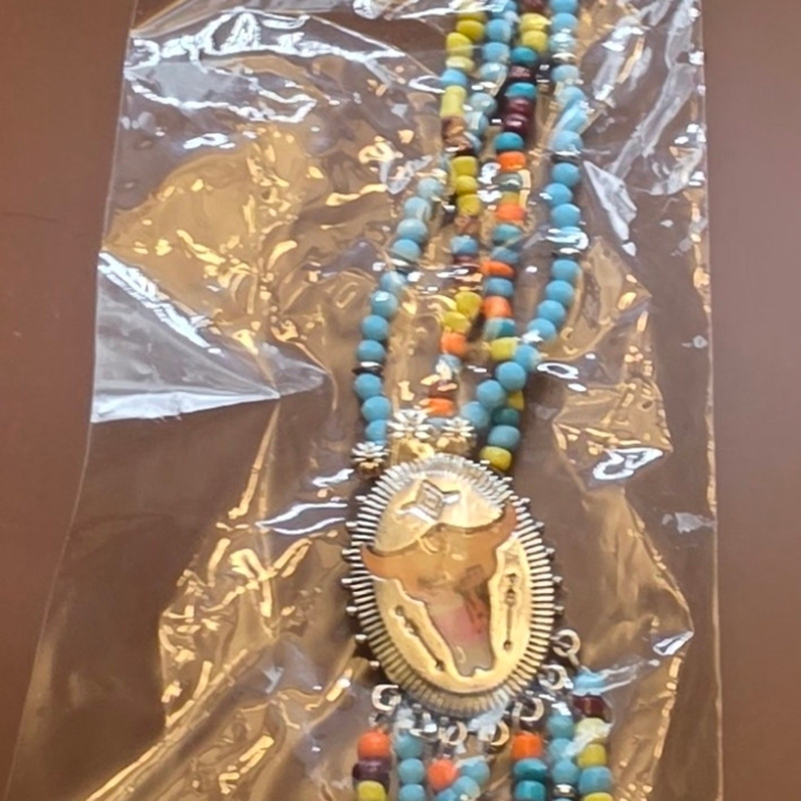 Boho Silver Bull Pendant Beaded Necklace in Turquoise & Orange