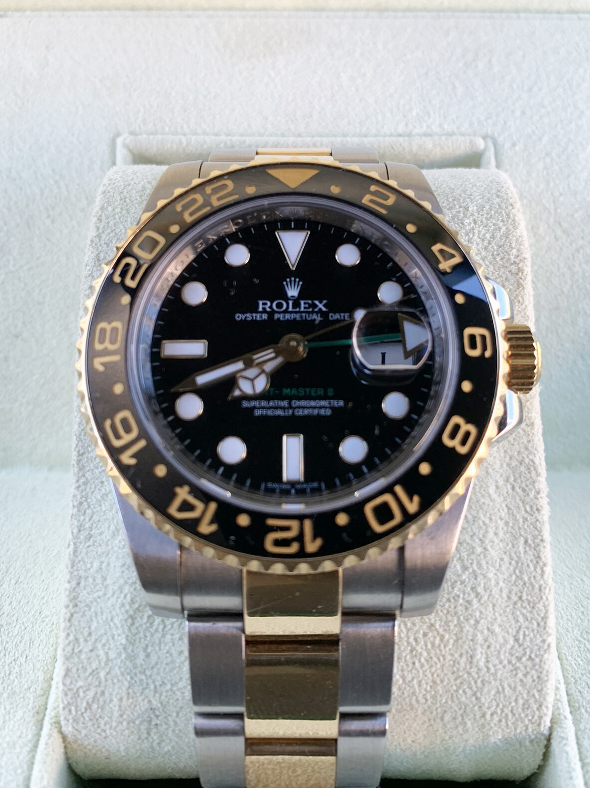 Rolex GMT-Master II Two Tone Gold Ceramic Bezel Black Dial Bidirectional Bezel