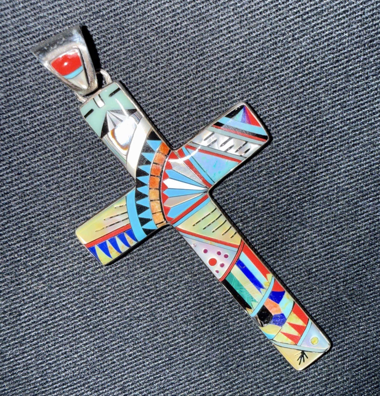 Zuni Mosaic Inlay Pendant Sterling Silver Cross 1.5” X 3” One Of A Kind Handmade