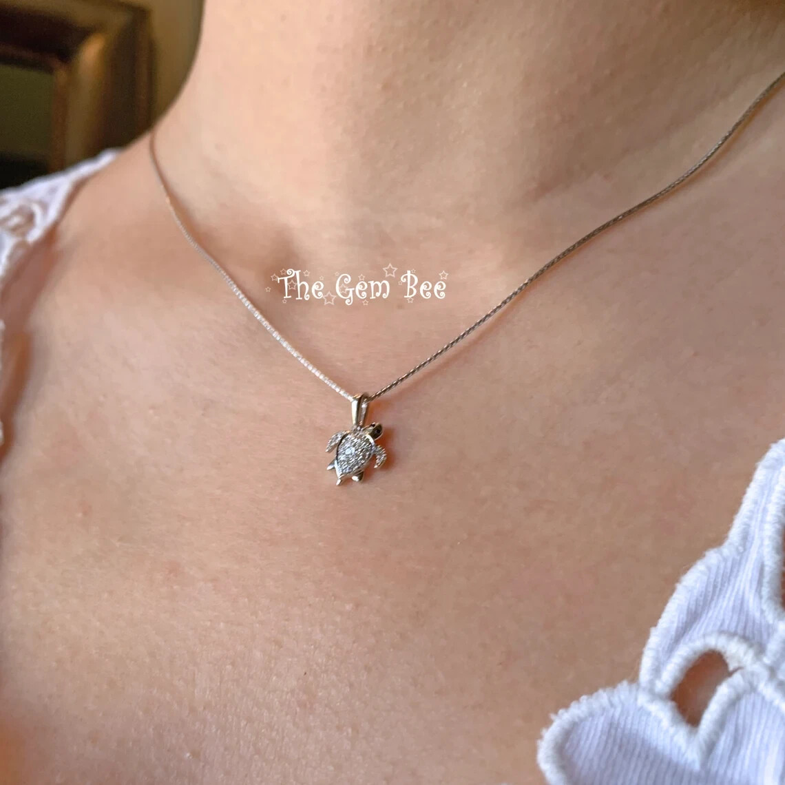 9.3×10.8mm 14K Rose Gold Diamond Petite Sea Turtle Charm Necklace Pendant
