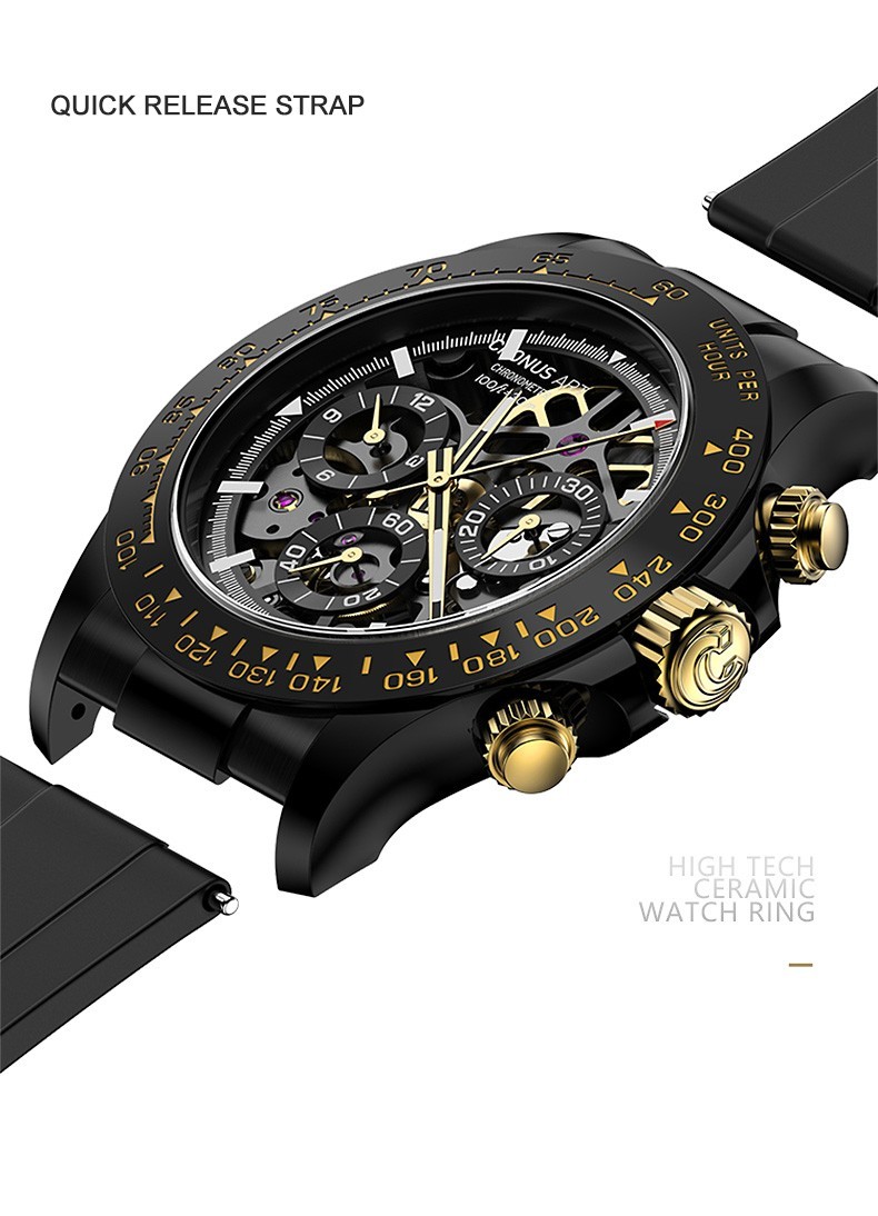 CRONUSART Men Chronograph Watch 42mm Automatic Mechanical Wristwatch Skeleton