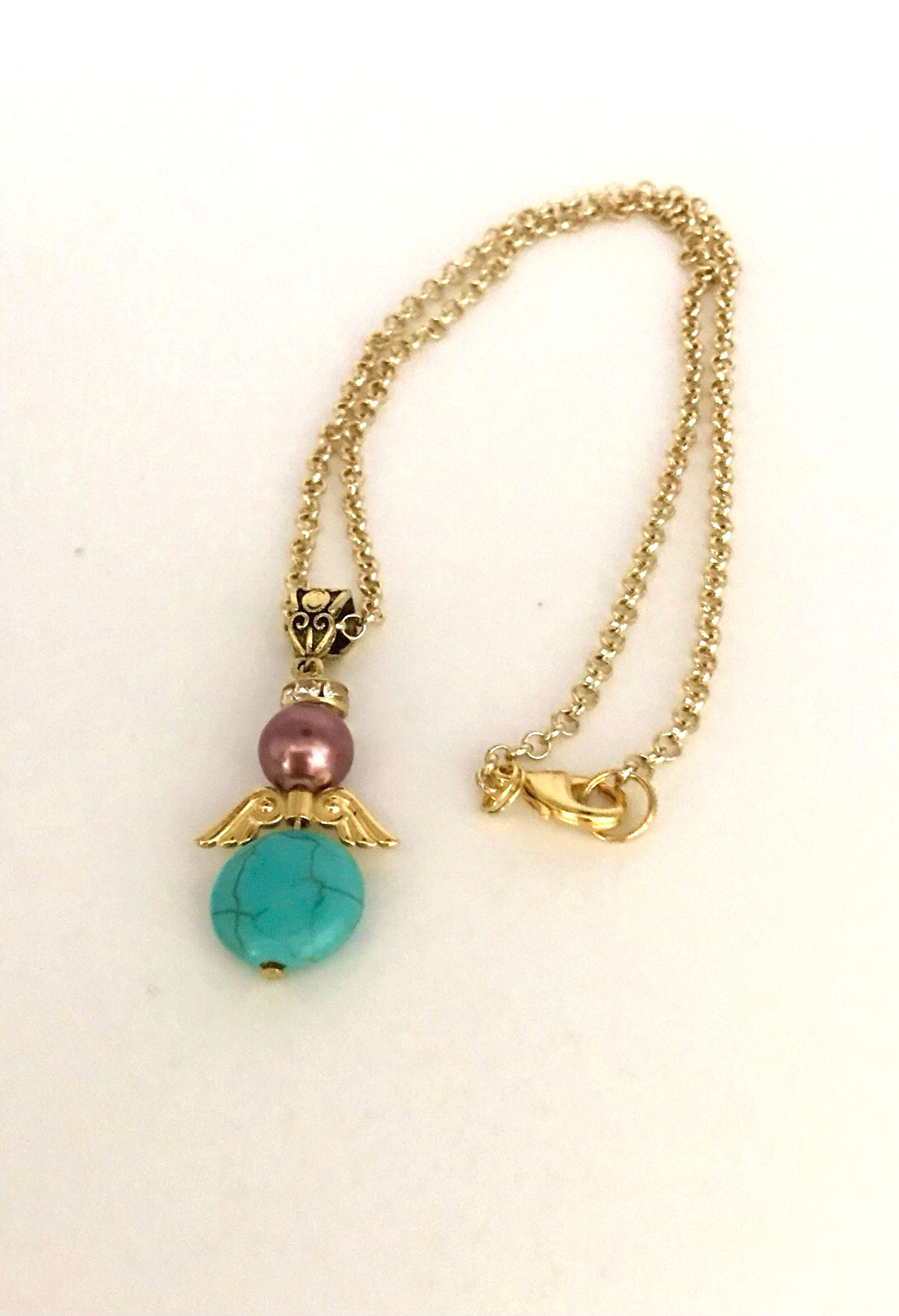 Angel Necklace Turquoise Howlite & Mauve Glass Pearl Bead Gold color Wings Chain