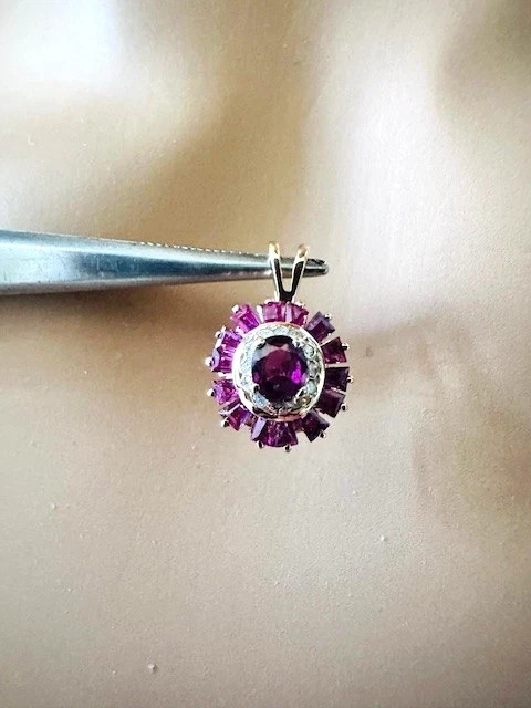 1.50 Ct Estate 14K Yellow Gold Lab Created Ruby & Diamond Halo Pendant