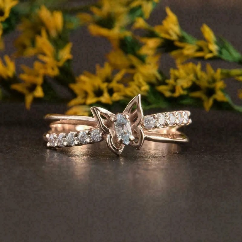 14k Rose Gold Plated 1Ct Round Cut Simulated Diamond Butterfly Wedding Band Ring