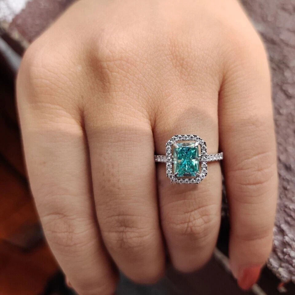 RARE 5.20 Ct Blue Diamond Radiant Cut Solitaire Ring 925 Silver Ring