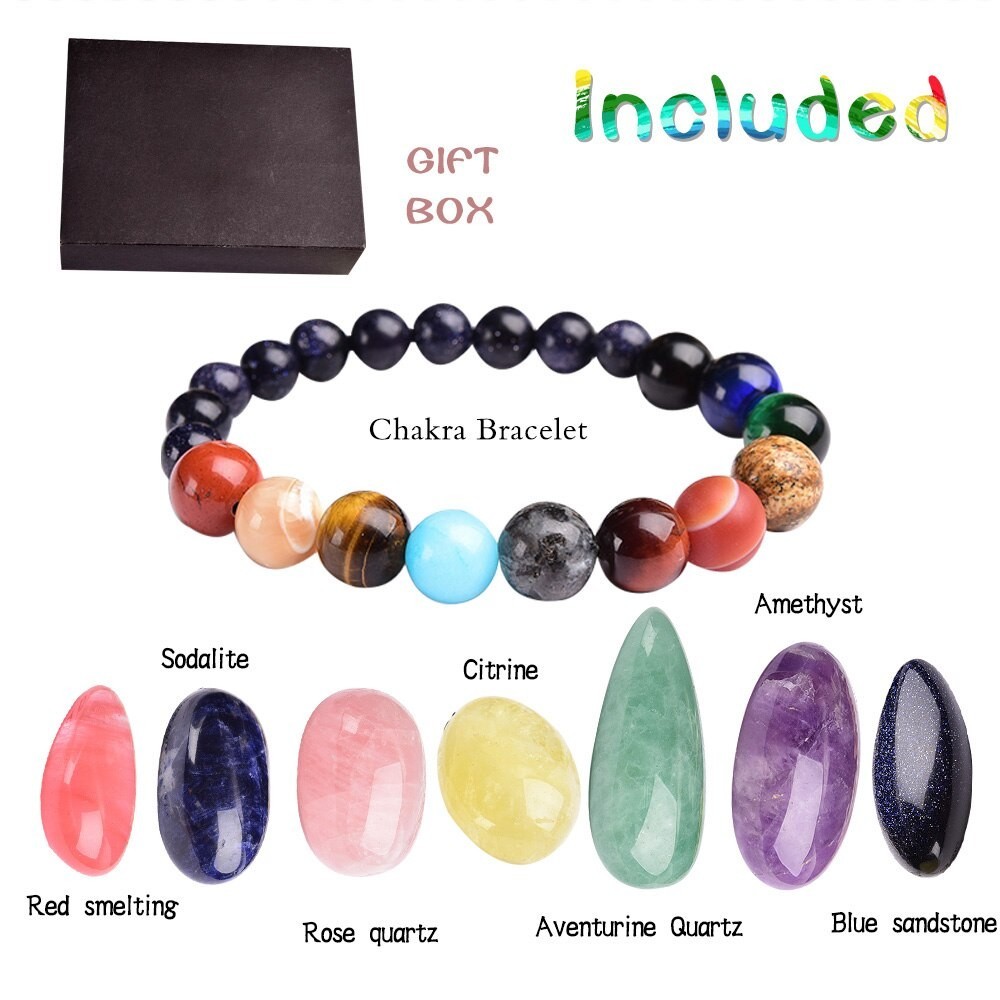 7 Chakra Crystal Stone Bracelet Gemstone Beads Meditation Gift Set with Box