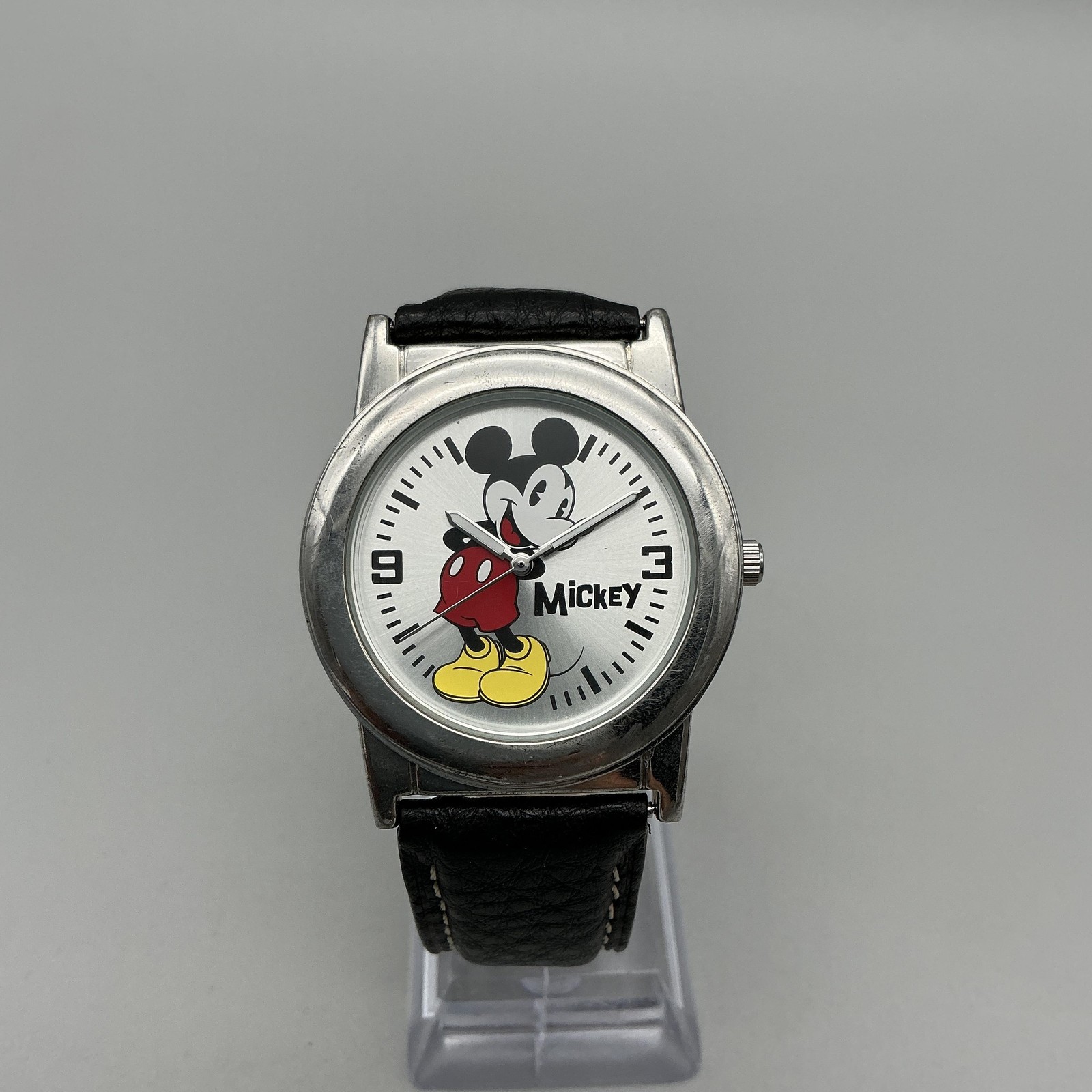 Disney Mens Watch 38mm Mickey Mouse Dial Black Strap Silver Tone New Battery