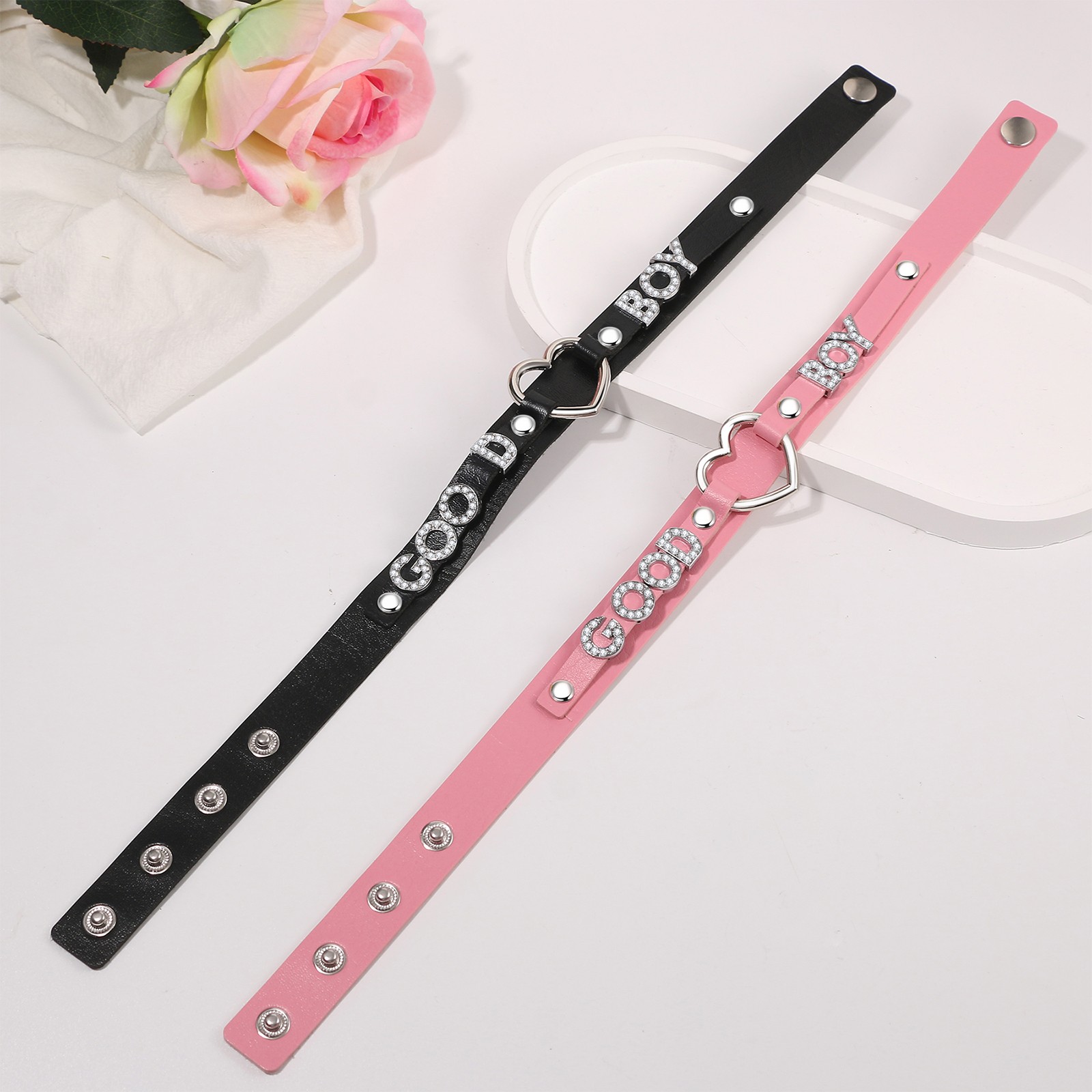 “GOOD BOY” Women’s Punk Letter Black Heart PU Leather Choker Necklace Adjustable