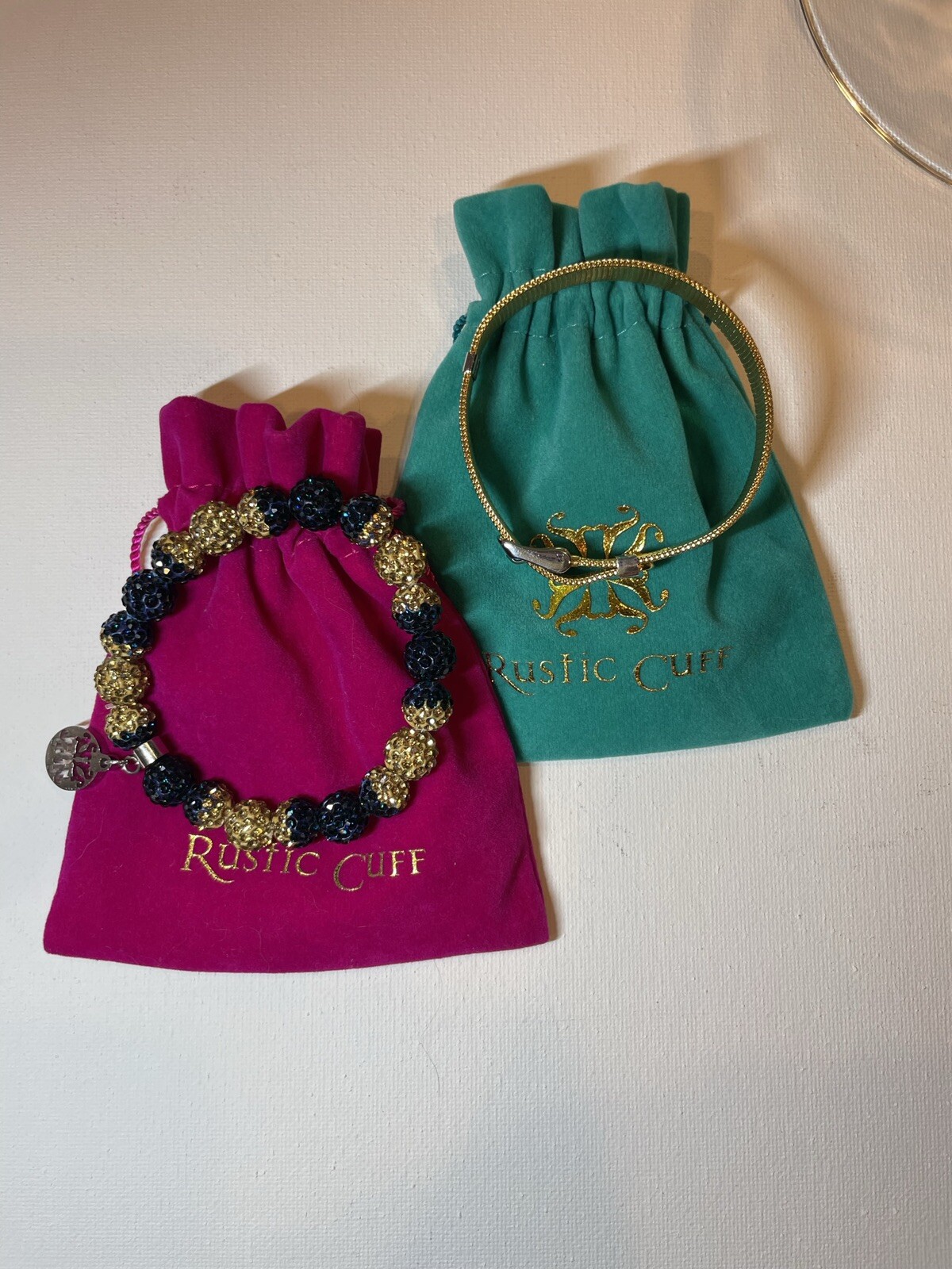 Rustic Cuff Bracelet 2 Piece Set Shambala Beads And Mesh Band Navy/Gold w/bags