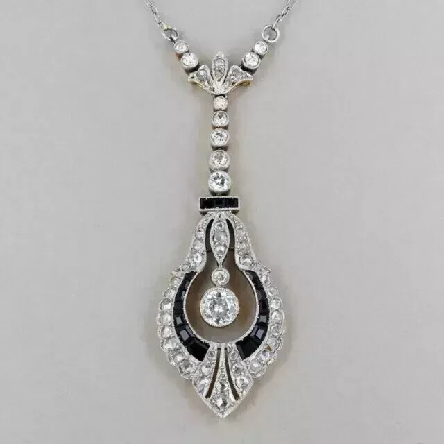 Art Deco Style Round Cut Lab Created Diamond Sapphire 14K White Gold FN Pendant