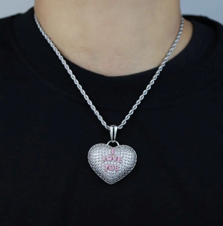 Hip Hop I Love You Heart Pendant Necklace AAA CZ Iced Bling Women Girl Gift Y2K