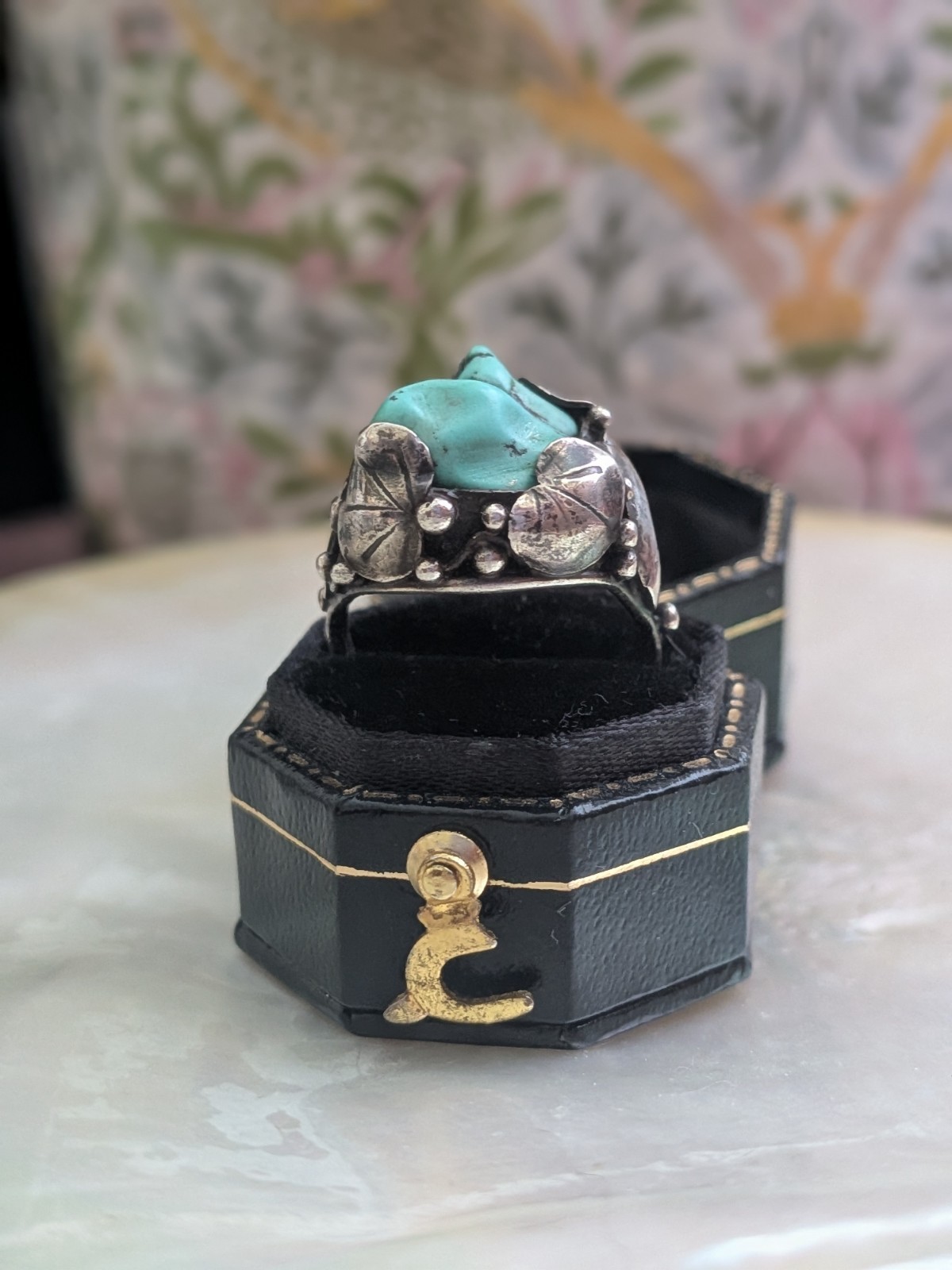 Vintage Mary Gage Turquoise & Sterling Ring- Lily Pad Motif