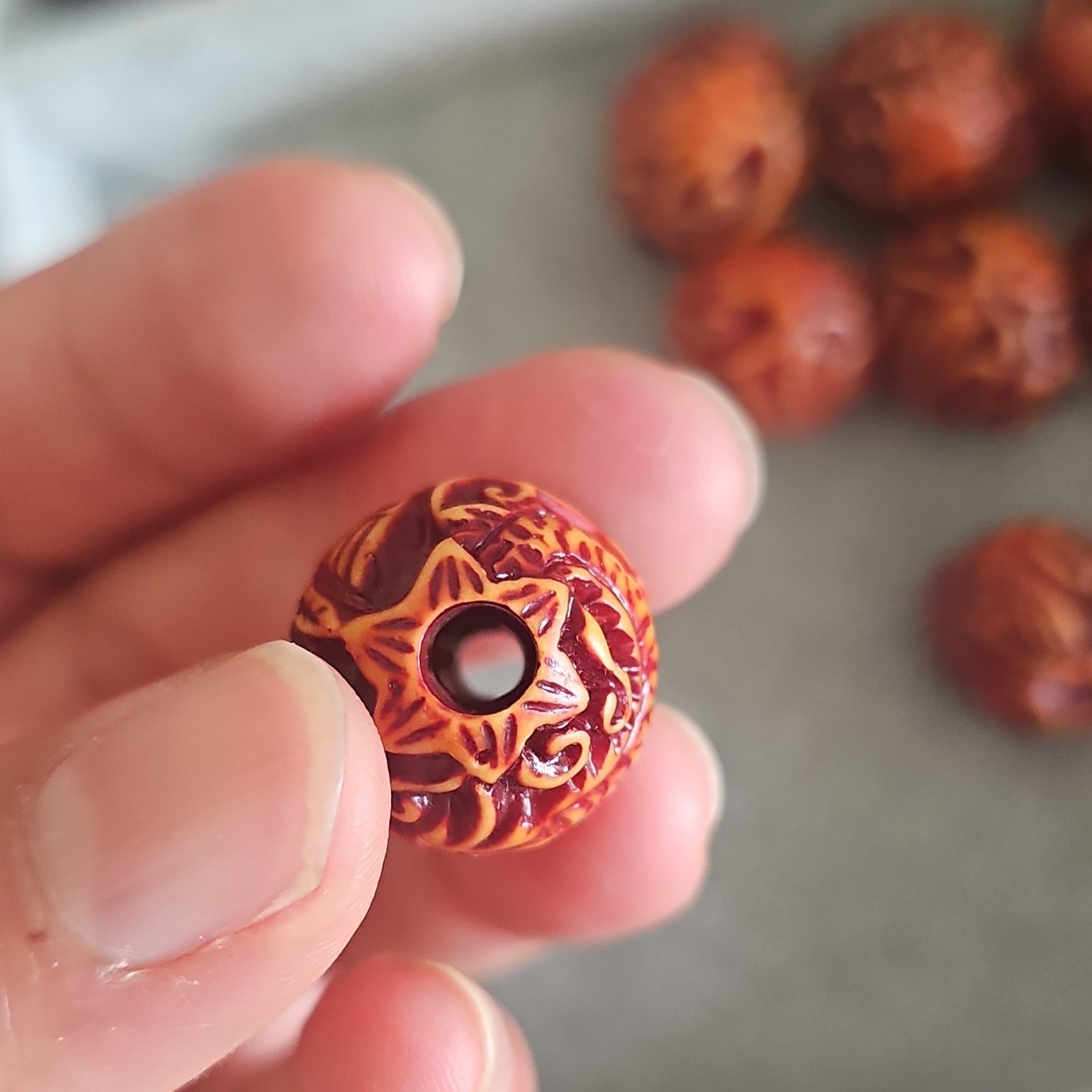 Carved Resin Dragon /Phoenix Round Beads 20mm Orange/Brown Large Hole Lot of 9