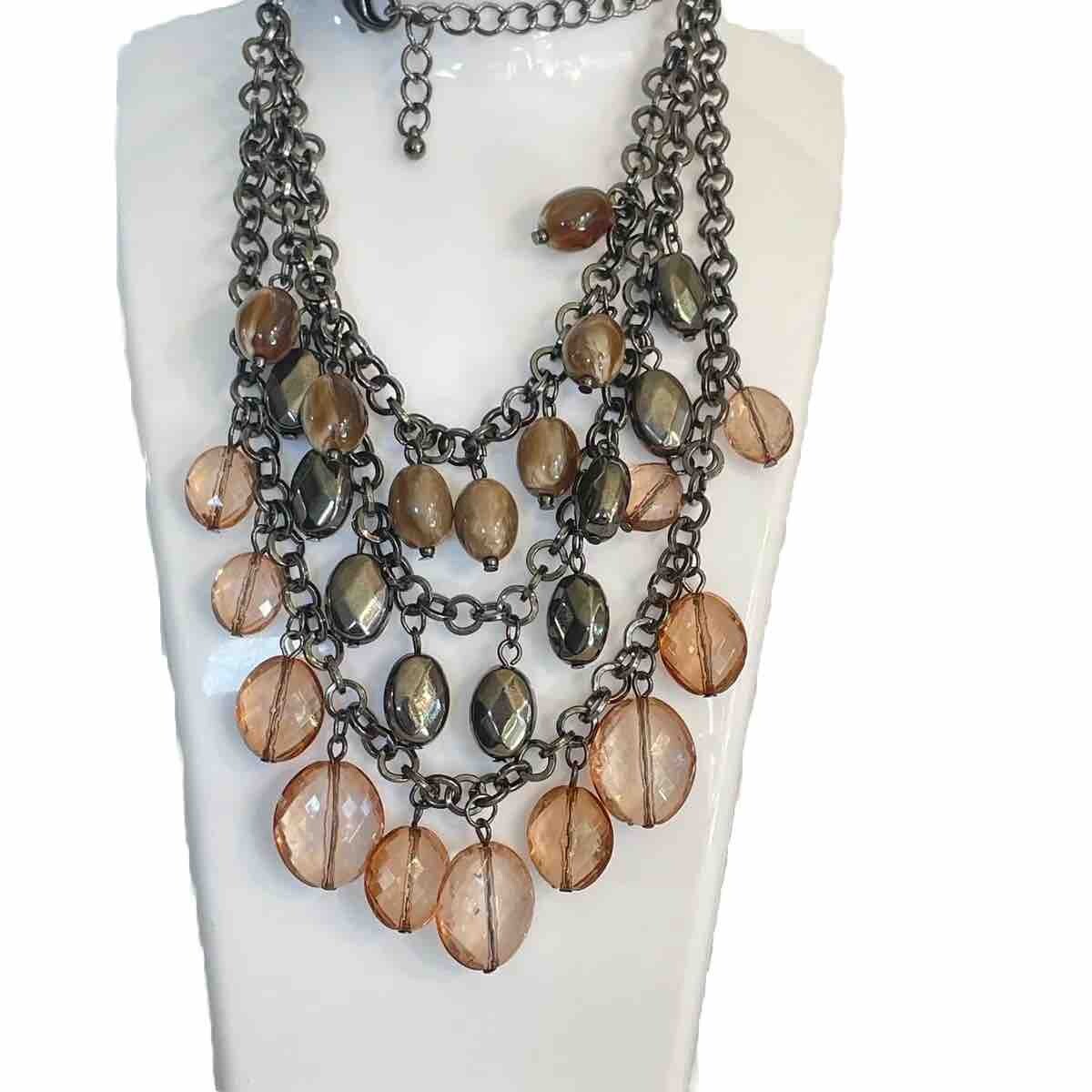 Neutral Multi Color Acrylic Waterfall Beaded Layered Bib Necklace Chandelier
