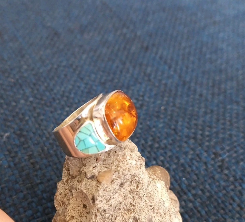JAY KING DTR Amber & Turquoise Sterling Silver Ring Size 5