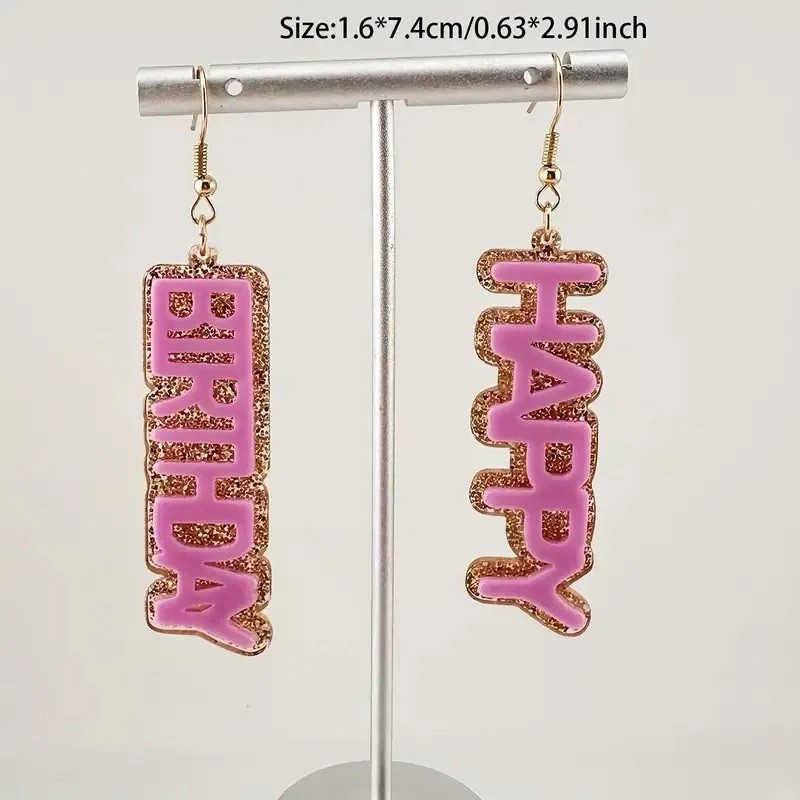 KLASS Lightweight Pink Gold Happy Birthday Glitter Sparkle Earrings Drop Dangle