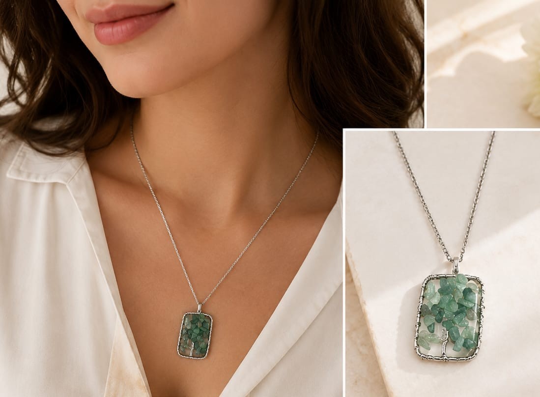Handmade Tree of Life Wire Wrapped Green Stone Pendant Necklace Silver Tone