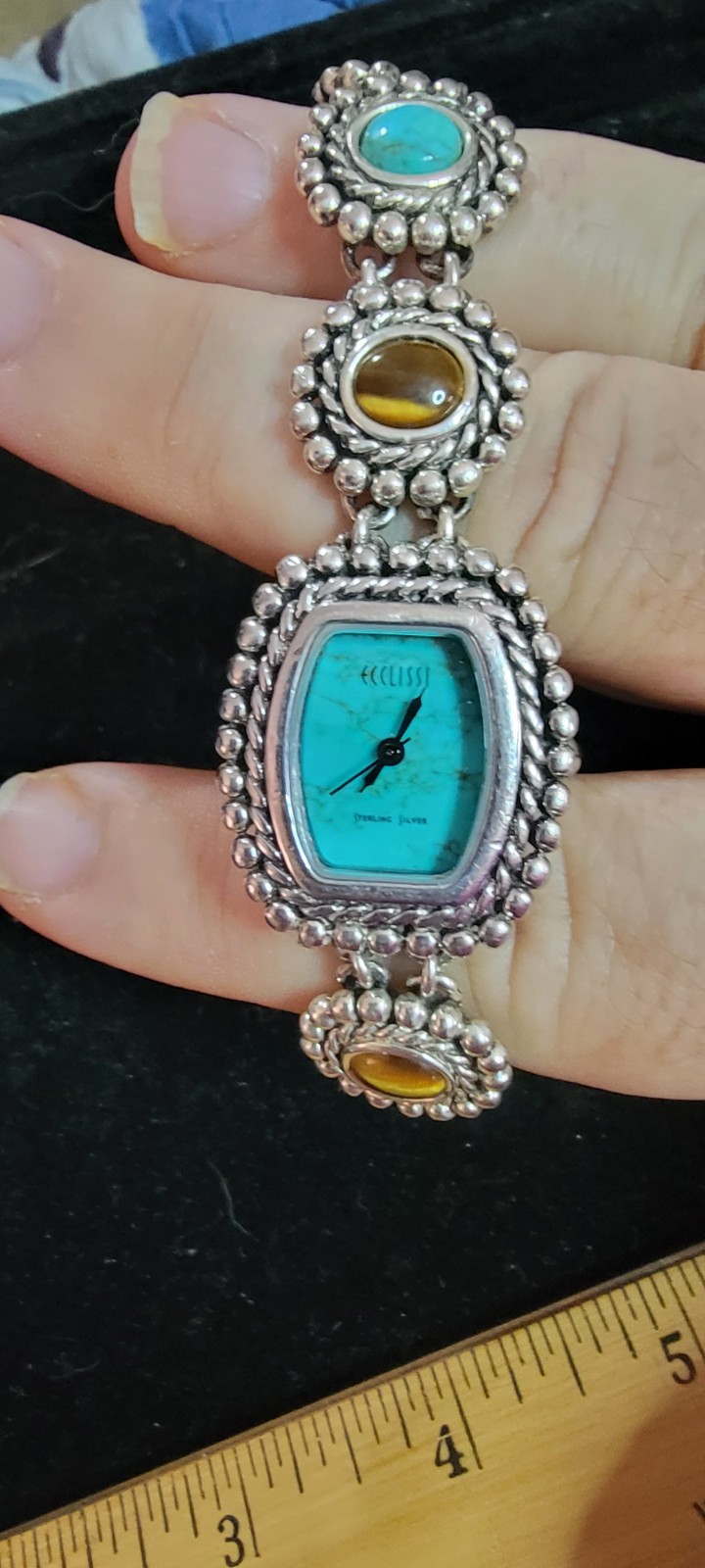 Ecclissi Sterling Silver Turquoise Tiger Eye Quartz Watch 31770 60.44g w/ Origin