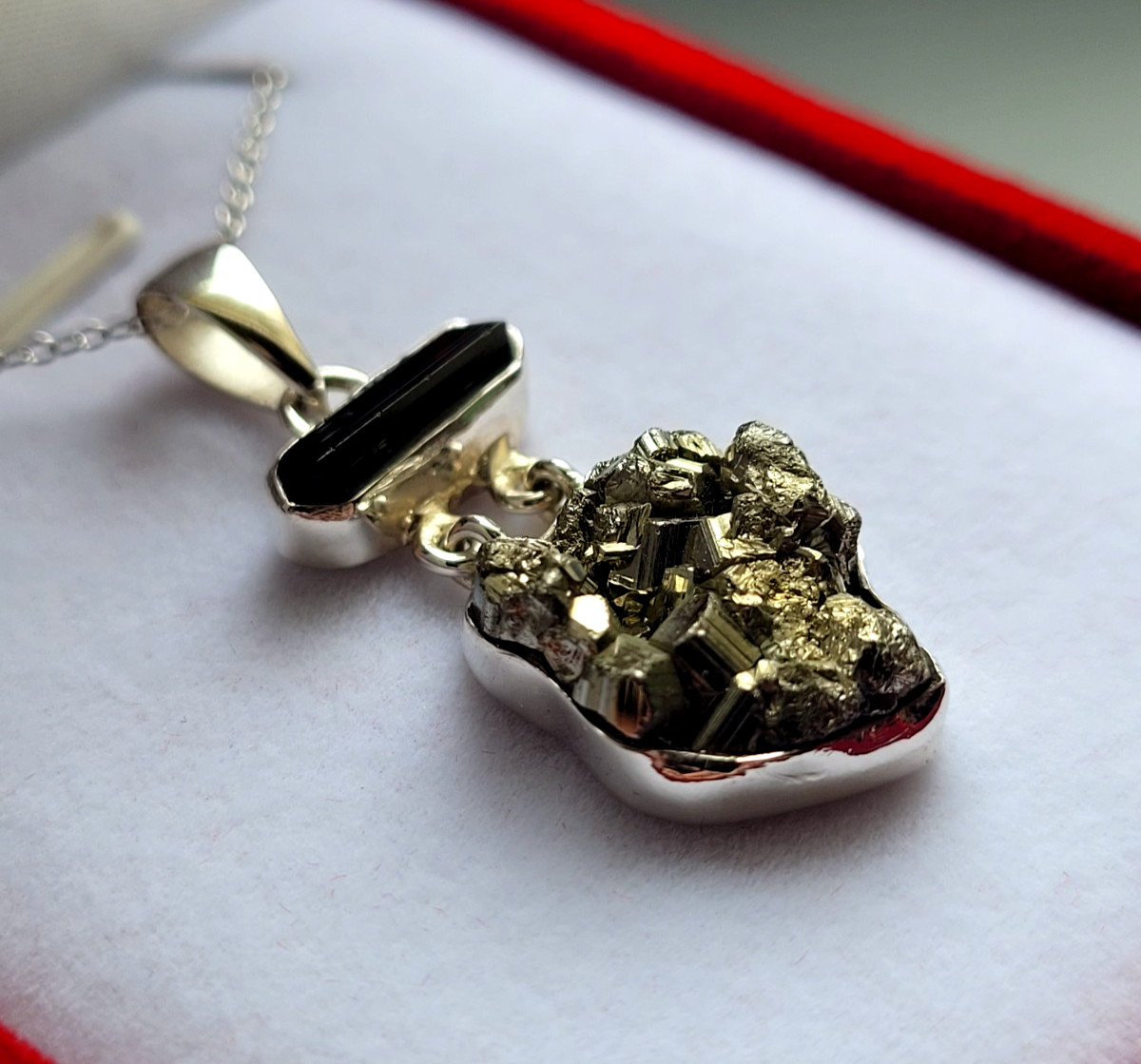 925 Silver Necklaces Pendant Black Tourmaline + Pyrite Druze Gemstone Jewellery