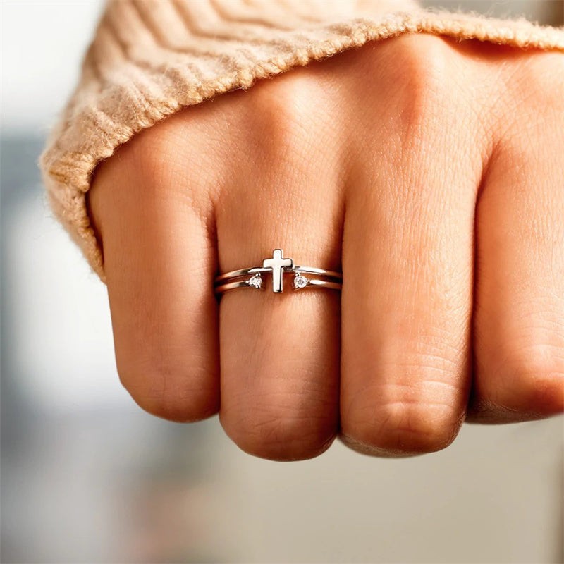 Cross Double Row Stacking Band Ring in 925 Sterling Silver