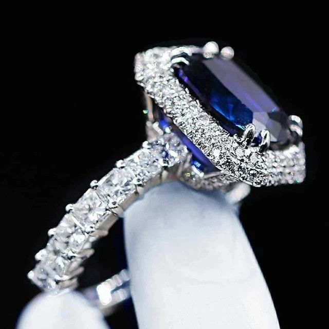 3Ct Cushion Cut Lab Created Blue Sapphire Halo Engagement Ring 14K White Plated