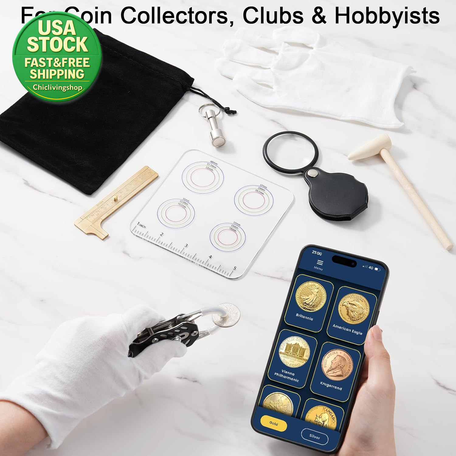 Coin Testing Kit for Silver Gold Coins Portable Pinger Magnet Measuring Caliper