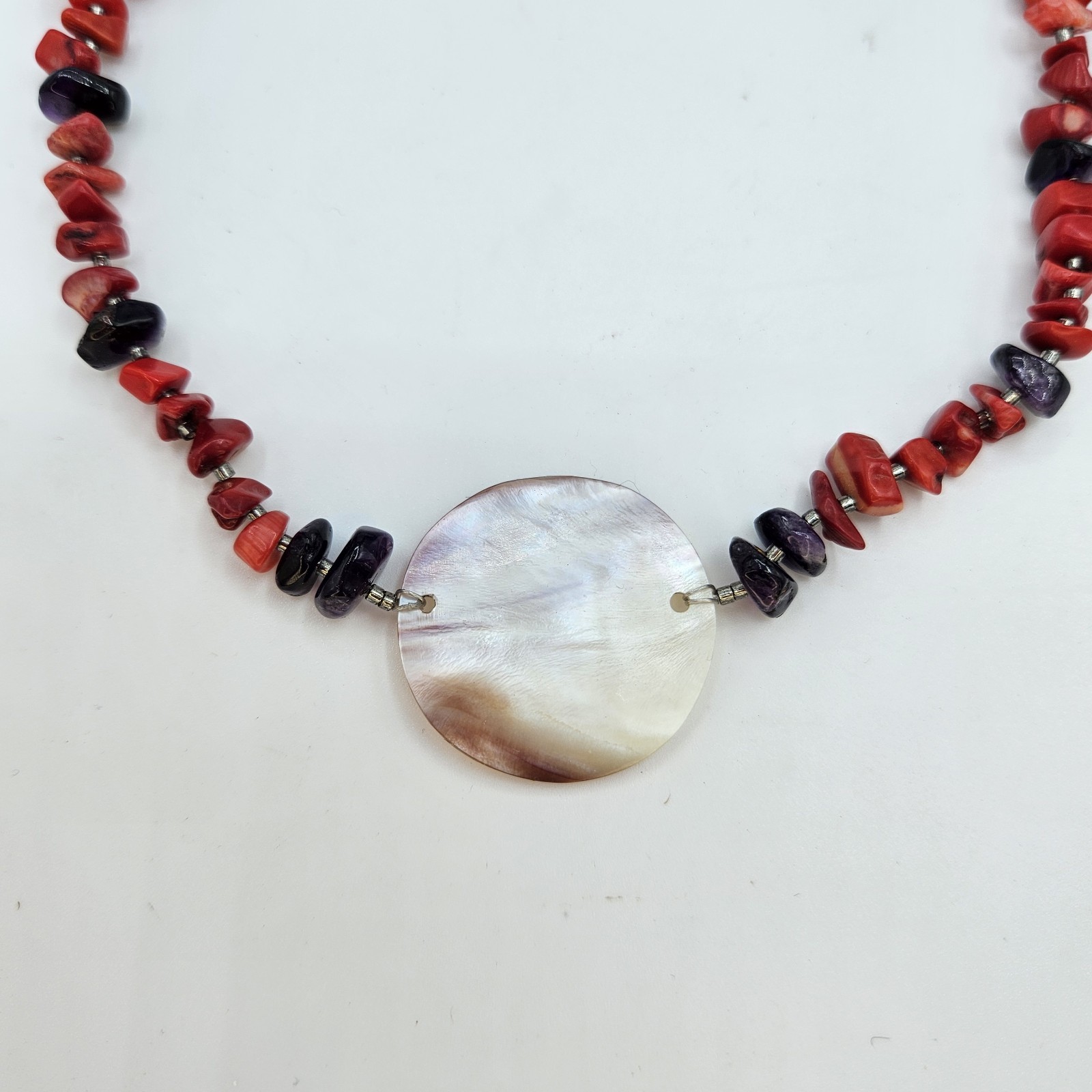 Natural Red Coral Amethyst Bead Necklace Mother of Pearl Shell Pendant Toggle