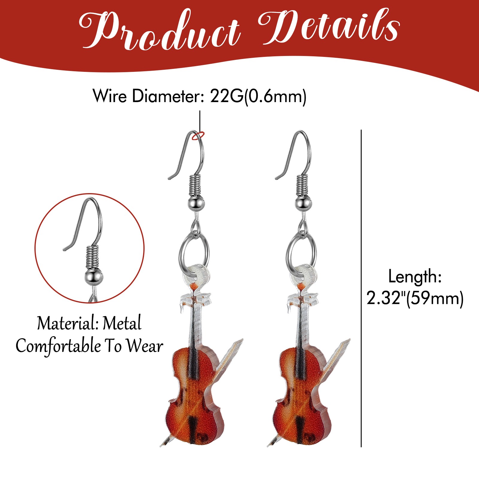 Women’s Acrylic Violin-shaped Music Instrument Drop Earrings Jewelry Violin Gift